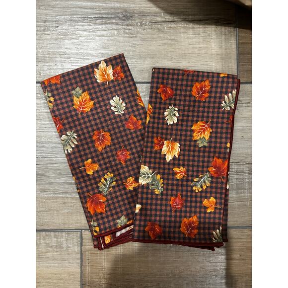 Longaberger Fall GINGHAM LEAVES napkins fabric squares set of 2 - Picture 1 of 1
